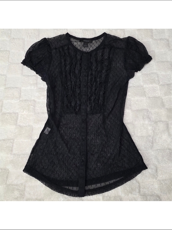 Express Tops - Express Sheer Polka Dot + Ruffles Short Sleeve Button Down Black Size Small